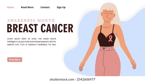 Young woman with breast cancer banner. Breast cancer awareness month flat concept landing page