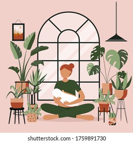Young woman breast feeding her newborn baby in lotus pose in home jungle. Lactation. Banner, happy mother day clip art. Child drinks milk from breast. Yoga mom, meditation. Houseplants growing, 