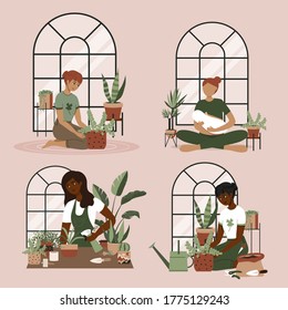 Young woman breast feeding her newborn baby in lotus pose in home jungle. Plant lady green house. Set of cute plants in pots, cacti, tropical leaves, monstera. Home interior decor elements. 