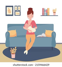 Young woman breastfeeding her baby .Lotus position.Breastfeeding concept.Motherhood.