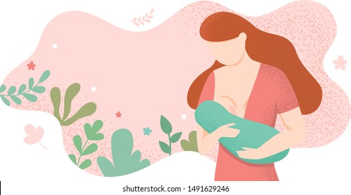 Young woman breastfeeding her newborn baby holding and nursing him in hands. Lactation concept. Breast feeding week banner, happy mother day clip art. Child drinks milk from the female breast 