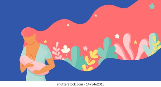 Young woman breastfeeding her newborn baby holding and nursing in hands. Tropical leaves, flowers. Breast feeding week banner, happy mother day greeting card. Child drinks milk from the female breast 