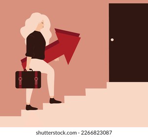 Young woman with a briefcase climbs up the stairs and holds arrows to reach her goal. Businesswoman climbing up the career ladder. Entrepreneur rises up on the stairway. Professional women empowerment