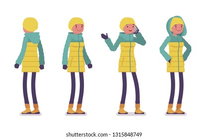 Young woman in bright down jacket standing with phone, wearing soft warm winter clothes, classic snow boots. Women outfit concept. Vector flat style cartoon illustration isolated, white background