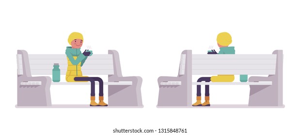 Young woman in bright down jacket sitting on bench with thermos, wearing soft warm winter clothes, snow boots and hat. Women outfit. Vector flat style cartoon illustration isolated on white background