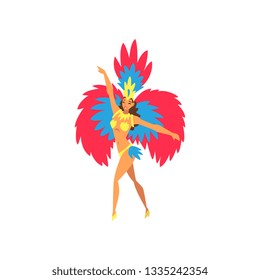 Young Woman in Bright Festival Costume Dancing Samba, Brazilian Carnival Dancer, Rio de Janeiro Festival Vector Illustration