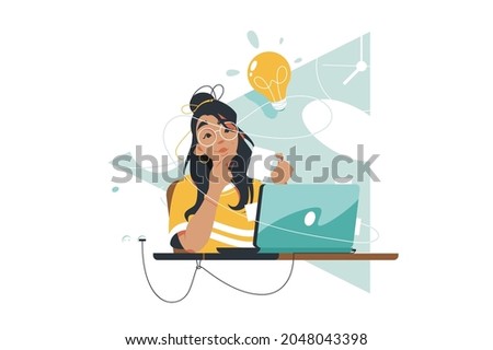 Young woman with bright idea vector illustration. Girl with creative thought or idea drink coffee flat style. Lamp bulb as sign for insight. Inspiration concept. Isolated on white background