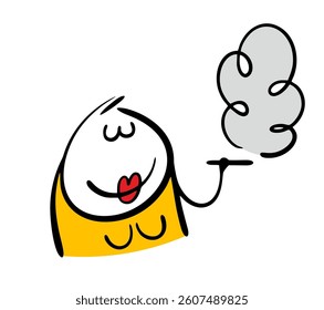 Young woman with bright makeup holds a cigarette, smokes, blows smoke. vector illustration of a bad habit for a woman's health and the environment. Isolated cartoon character on white background.