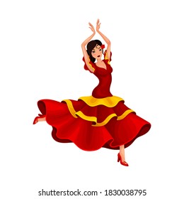 Young Woman in Bright Red Dress Dancing Flamenco Vector Illustration