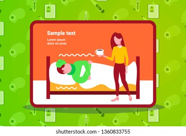 young woman bringing hot drink to her sick husband lying covered with blanket in bed at home ill man having flu virus illness concept horizontal copy space