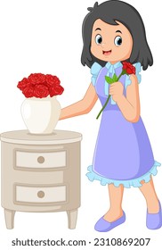 a young woman brings red roses to put in a vase of illustration