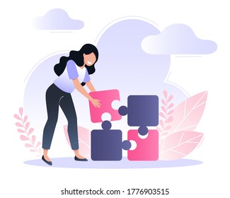 A young woman brings together pieces of the puzzle. Solutions and problem solving. Vector flat illustration.