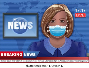 Young woman broadcasting television news in a medical mask. Breaking news. Pandemic flu. Realistic vector illustration