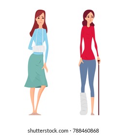 Young woman broken hand and leg vector illustration