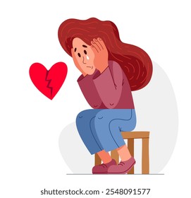 Young woman with a broken heart failed love and breakup emotional concept, vector illustration of a suffering after broken up relations.