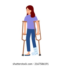 Young woman with broken leg in flat design on white background.
