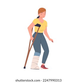 Young woman with broken leg standing with crutch. Girl feeling pain in body caused by injury cartoon vector illustration