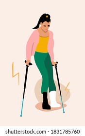 Young woman with broken leg.Girl with orthopedic cast walking using crutches.Ankle bone fracture or sprain with gypsum.Unhappy injured lady with bandage is standing.Trendy vector poster