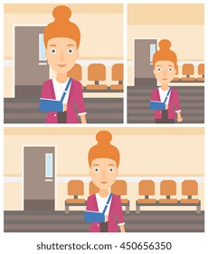 Young woman with broken right arm in brace standing in the hospital corridor. Vector flat design Illustration. Square, horizontal, vertical layouts.