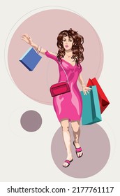 Young woman with brown curly hair in pink dress with shopping bags.