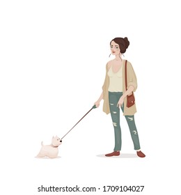 Young woman with brown hair in a beige cardigan and jeans with a small white leash dog. Doggie walking girl. Vector illustration. Isolated on the white background