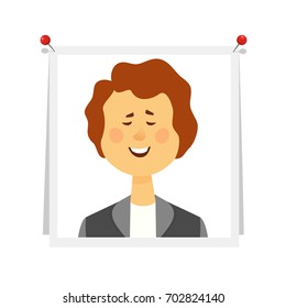 Young woman with brown hair in business suit at pictures pinned to white Board. Photo for memory, reminder of emotions on white background. Cartoon flat style vector illustration