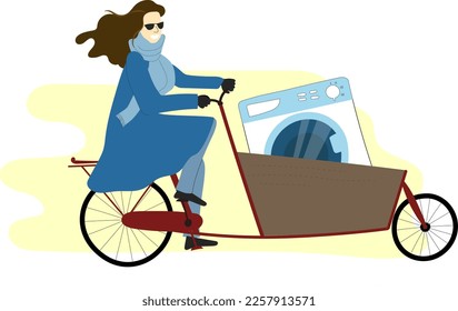 Young woman brown hair riding bakfiets cargo bike on a high speed. City family bicycle with front box trunk and large cargo in it concept.