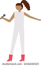 Young woman with brown hair tied in a ponytail, dressed in white, holding a microphone and singing, wearing red high heeled boots, performing on stage