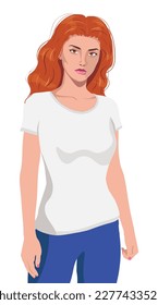 Young woman with brown hair wear white t shirt and blue pants.