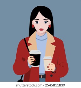 A young woman with brunette hair in a red coat holding two cups of coffee, representing urban style and fashion