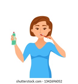 Young woman brush teeth cartoon style vector concept. Smiling cheerful girl taking care of her health and holding tooth paste in her hand. Oral hygiene and morning routine illustration.