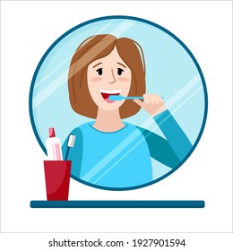 Young Woman Brushing Teeth. Flat Vector Illustration With Mirror And Shelf In Bathroom. Dental Daily Life Concept. Oral Hygiene And Health Care.
