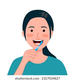 Mujer joven cepillando dientes en diseño plano sobre fondo blanco. Limpieza dental.