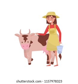 Young woman with bucket standing next to spotted cow, female farmer taking care of animal on farm vector Illustration on a white background