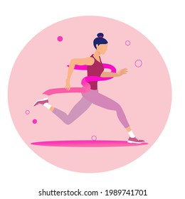 A young woman bun hair running through pink ribbon finish line, healthy life style, cartoon character in pink tone color, active lady, profile picture with circle, achieve the target concept