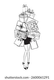 Young woman with a bunch of gifts and purchases, stylish fashion sketch, birthday card. A bunch of boxes with bows and beautiful female legs. Hand drawn Vector illustration.
