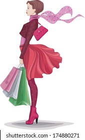 Young woman with bunch of shopping bags isolated on white