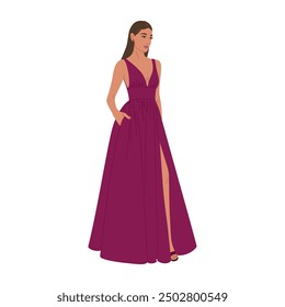 Mujer joven en vestido de noche borgoña. Linda chica en una ropa formal con estilo para fiesta o celebración. Ilustración vectorial dibujada a mano aislada en el fondo blanco, estilo plano de la historieta.