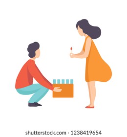 Young woman burning wick of pyrotechnics in carton box, couple celebrating holiday vector Illustration on a white background