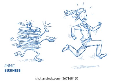 Young woman in business clothes being chased by her work as a monster. Concept for stress. Hand drawn line art cartoon vector illustration.