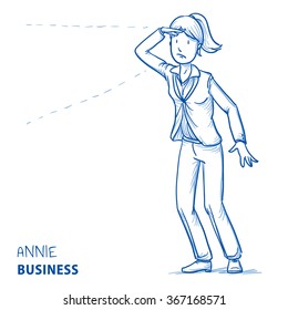 Young woman in business clothes holding a hand above her eyes, searching for something. Hand drawn line art cartoon vector illustration.