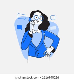 Young woman or business woman with happy face talking on phone vector illustration