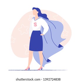 Young Woman Business Lady Wearing Super Hero Cloak. Woman Power, Lady Business, Brave Woman. Flat Vector Illustration.