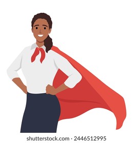 Mujer joven de negocios que lleva capa de superhéroe. Poder femenino, negocios femeninos, mujer valiente. Ilustración vectorial plana aislada sobre fondo blanco