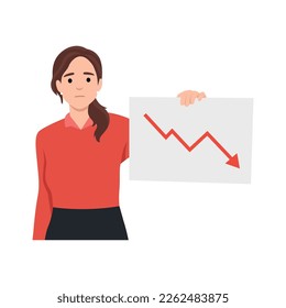 Young woman business loss and recession flat vector concept illustration. Businesswoman is holding a blank paper with down trend stock graph. Flat vector illustration isolated on white background