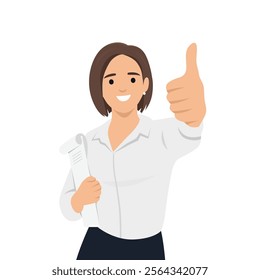 Young woman in a business suit holds a folder with documents and shows a thumbs up. Flat vector illustration isolated on white background