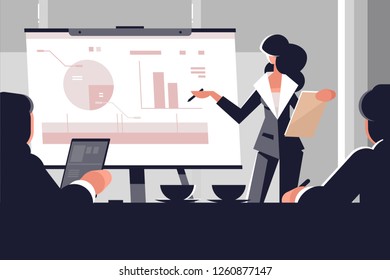 Young woman in business suit making presentation. Cartoon businesswoman explaining charts in conference room at white board vector illustration. Business seminar planning meeting flat style concept