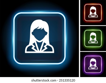 Young Woman in Business Suit on  Color Square Buttons