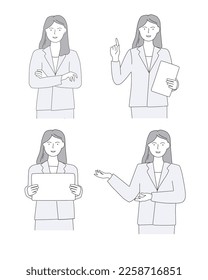 A young woman in a business suit with a tablet in different poses teaches, brings information, thinks. Vector line graphics.