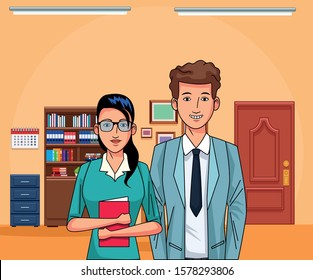 young woman and businessman at office scenery background, colorful design , vector illustration